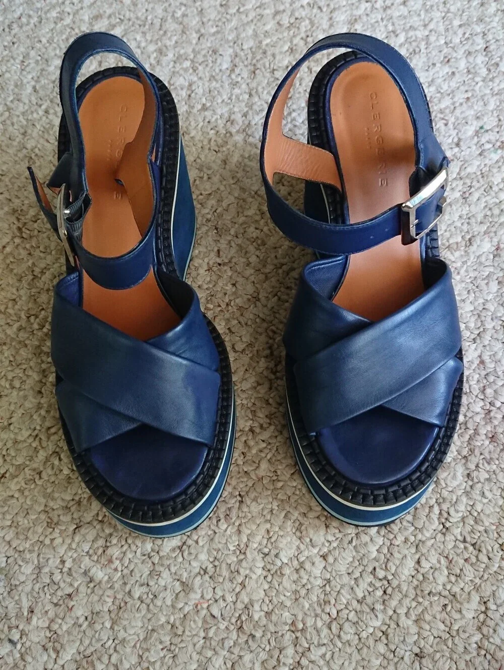 Robert Clergerie Noemie Navy Blue Platform Wedge Heeled Sandals size 8